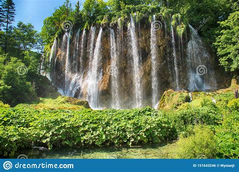 The Beautiful View Of Waterfalls In Plitvice Lakes The Water Is Clear