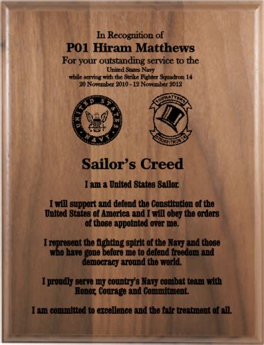 sailor s creed walnut plaque military plaques laser engraved