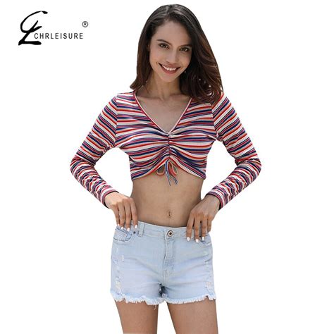 Chrleisure Sexy V Neck Long Sleeve Tshirt Women Multicolour Stripe