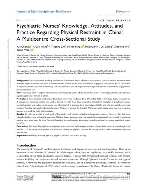 pdf psychiatric nurses knowledge attitudes and practice regarding physical restraint in