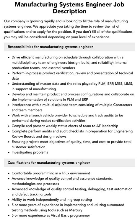 Manufacturing Systems Engineer Job Description Velvet Jobs