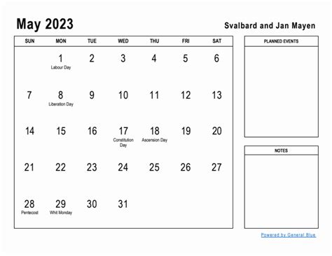 May 2023 Planner With Svalbard And Jan Mayen Holidays