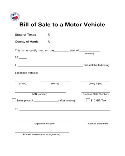 Free Harris County Texas Motor Vehicle Bill Of Sale Mv 015 Pdf Docx