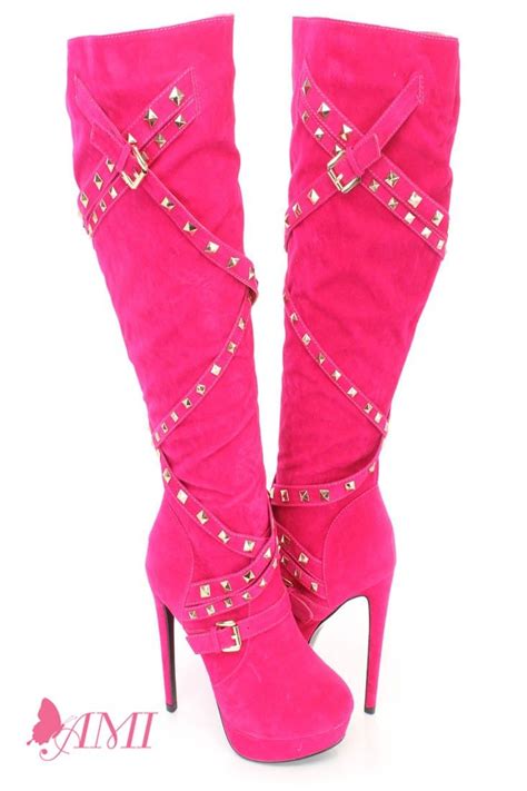 Hot Pink Studded Strappy High Heel Boots Faux Suede Boots Heeled