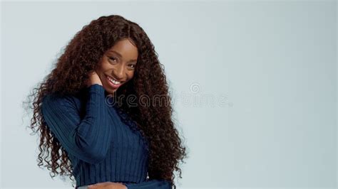 Beauty Black Mixed Race African American Woman With Long Curly Hair And Perfect Smile Stock