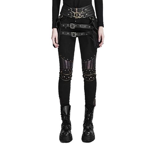 black steampunk pu leather stitching trousers women high waist gothic