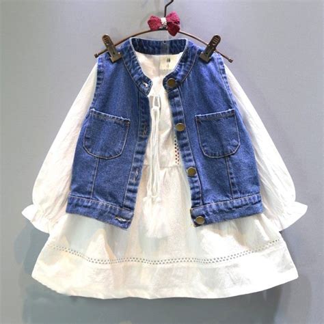 【2y 9y】girls Denim Vest And Chic Solid Color Shirt Dress Two Piece Set
