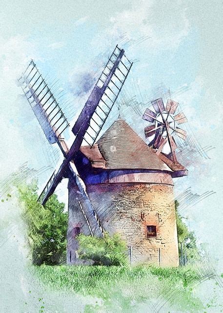 Free Image On Pixabay Windmill Building Architecture Watercolor