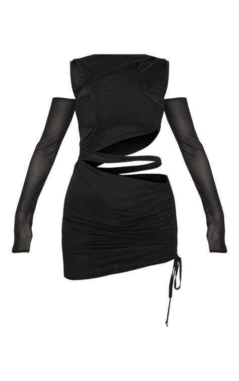 Black Mesh Cut Out Ruched Skirt Bodycon Dress Prettylittlething Qa