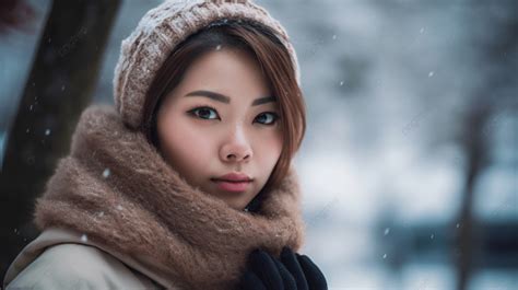 รูปพื้นหลังหญิงเอเชียแสนสวยในเสื้อโค้ทกันหนาว พื้นหลัง หญิงสาวสวมเสื้อหนาวผ้าพันคอ ถ่ายภาพ hd