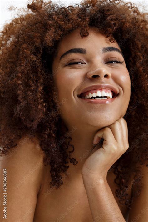 African American Woman Nude Portrait Smiling Naturally Over White Background Stock Photo Adobe