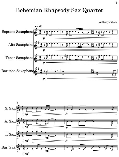 Bohemian Rhapsody Sax Quartet Sheet Music For Soprano Saxophone Alto Saxophone Tenor
