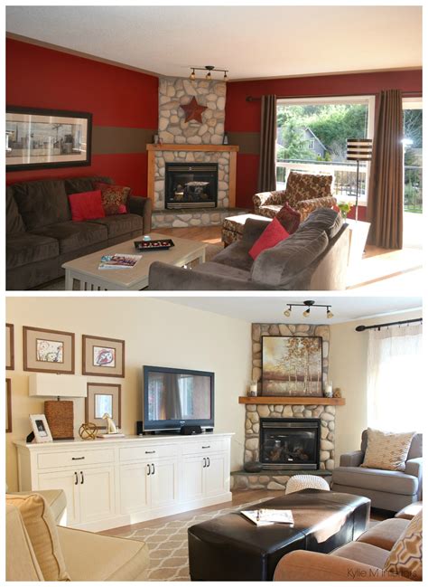 Living Room Before And After With Stone Corner Fireplace Painted