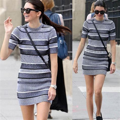 2019 Spring Kendall Jenner Dress Elegant Grey Stripe Knitted Short