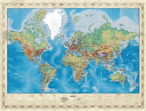 Huge Hi Res Mercator Projection Physical And Political Relief World Map