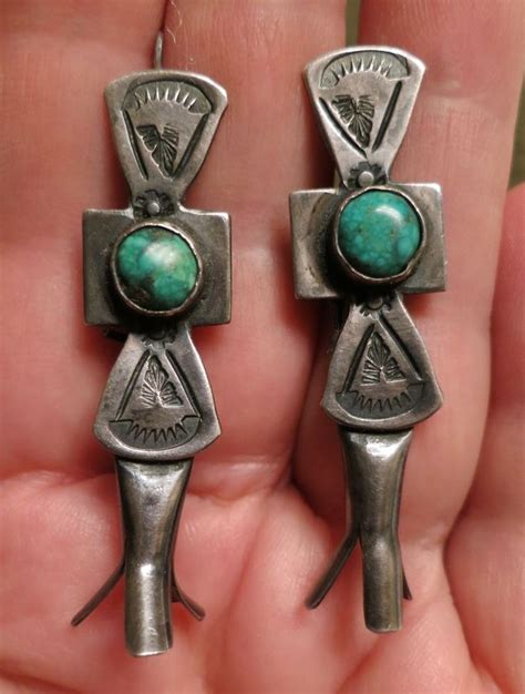 Vintage Pueblo Indian Silver Turquoise Earrings Old Squash Blossoms