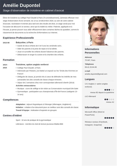 Cv Stage De 3ème Exemple Pour Collégien En 3e