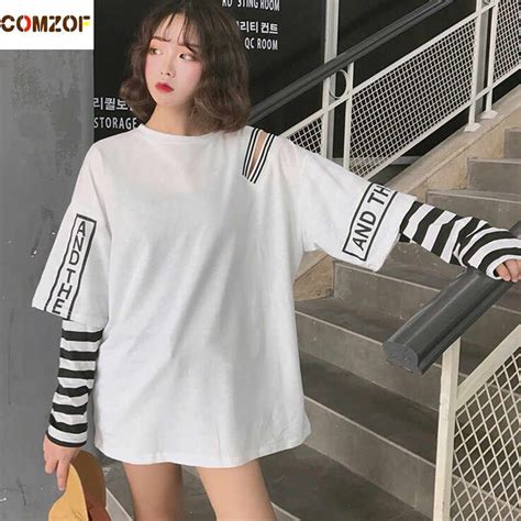 Women Korean Fashion Oversized Long Sleeve T Shirt Hip Hop Punk Streetwear Girls Fake Two Pieces