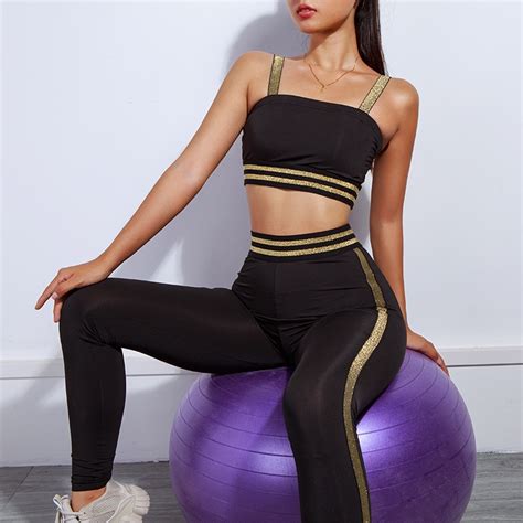 Hahasole Yoga Set Women Fitness Black Striped Patchwork High Waist Clothes Gym Sportswear Sets