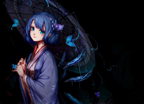 Anime Anime Girls Umbrella Blue Hair Blue Eyes Cirno Touhou Kimono Wallpapers Hd
