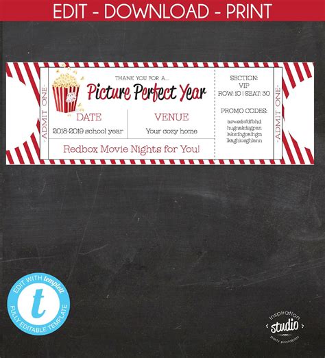 Redbox Movie Ticket Printable Template Teacher Appreciation Etsy