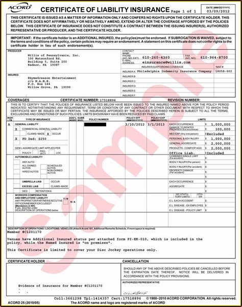 Fillable Certificate Of Insurance Form Accord 25 Printable Forms Free