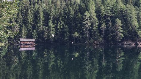 5047x2839 Nature Water Trees House Cabin Reflection Wallpaper