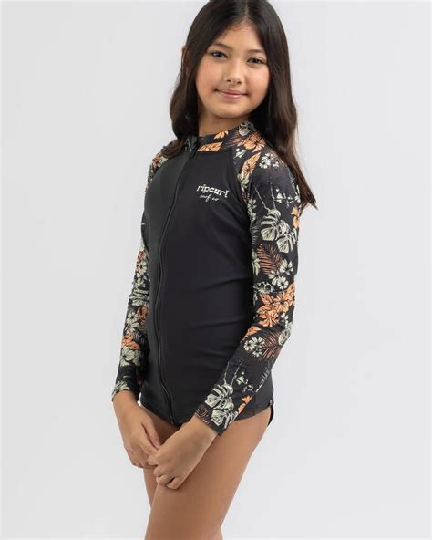 shop rip curl girls cosmic paradise zip long sleeve rash vest in washed black fast shipping