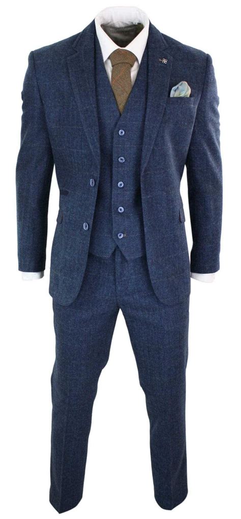 Cavani Carnegi Mens 3 Piece Navy Blue Tweed Check 1920s Vintage Suit