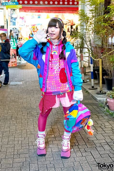 Colorful Harajuku Kawaii Style Girl In Resale Fashion Buffalo Platforms And Disney Backpack