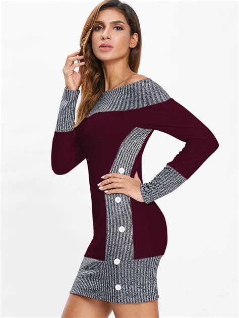Wipalo Contrast Color Knitted Sweater Dress With Buttons Women Off Shoulder Long Sleeve Sexy
