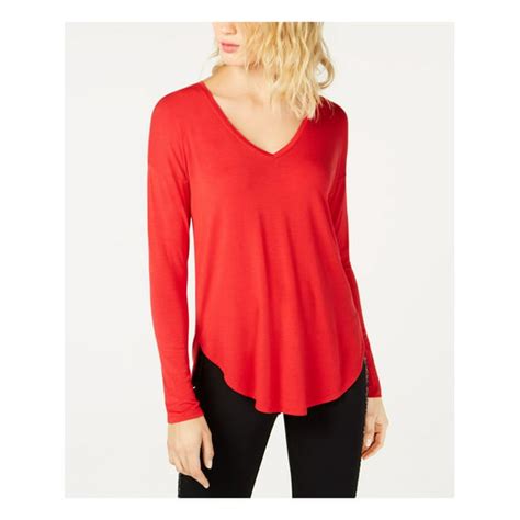 Inc Inc Womens Red Pleated Heather Long Sleeve V Neck T Shirt Top