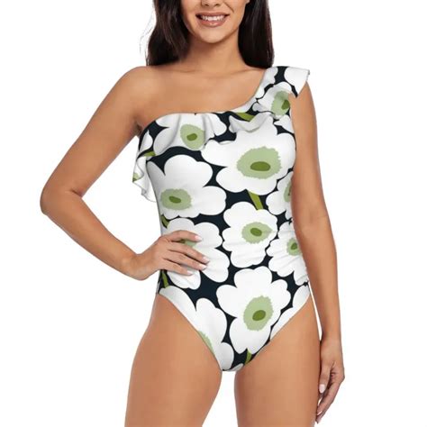 Women One Piece Swimsuits Marimekko Unikko One Shoulder Tummy Swimwear Asymmetric Ruffle Bathing