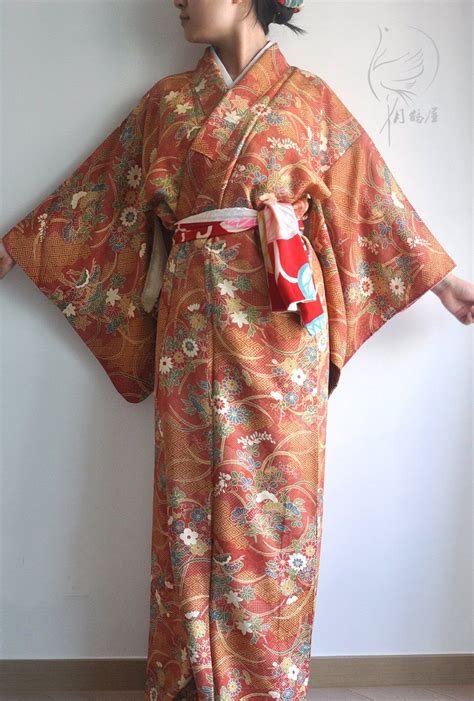 Japanese Silk Long Kimono Robe Vintage Red Floral Komon Maxi Kimono