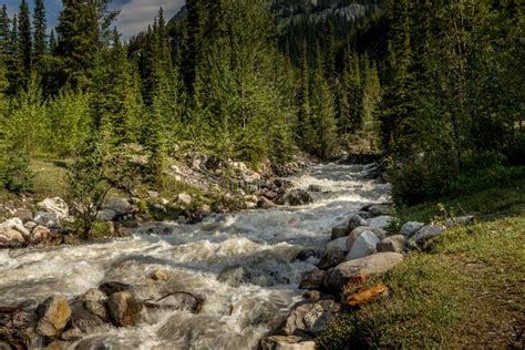 Rampart Creek Rolls Over Rocks Banff National Park Alberta Canada Stock
