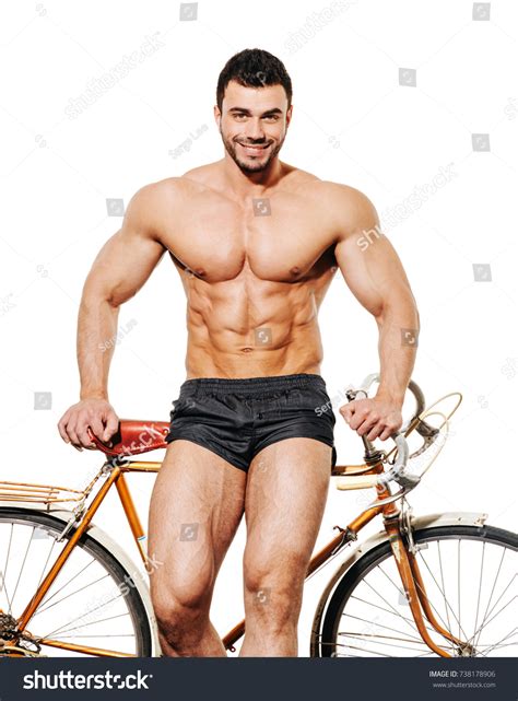 Shirtless Muscular Man Retro Bicycle On Stock Photo
