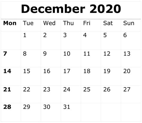 Free Printable December 2020 Calendar By Month