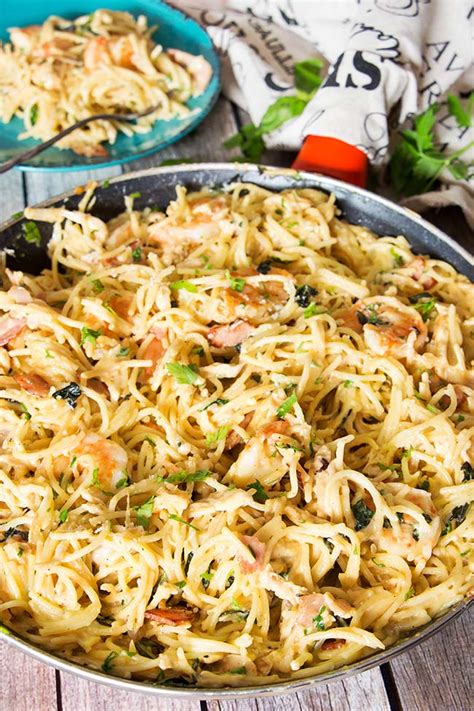 Creamy Chicken And Shrimp Carbonara Recipe Yummy Addiction