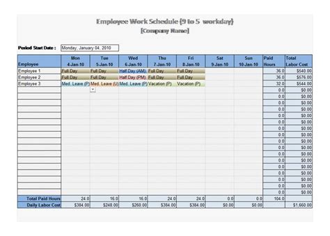 9 To 5 Work Schedule Template 9 To 5 Work Schedule
