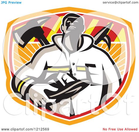 Clipart Of A Retro Fireman Holding His Helmet Over A Fire