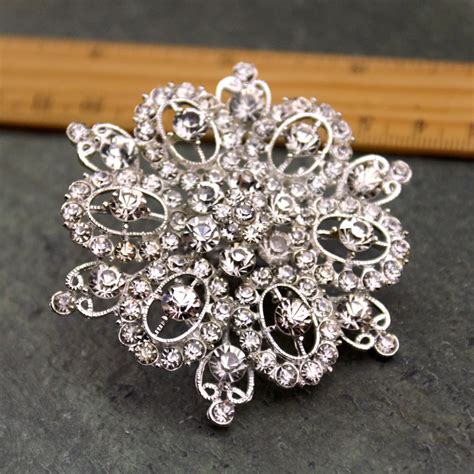 Large Rhinestone Brooch Pin Pearl Crystal Bridal Brooch Silver