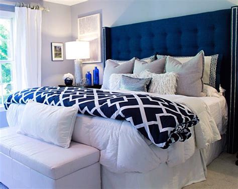 Beautiful Bedroom Featuring Tufted Wingback Headboard In Blue Linette