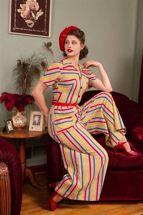 Vintage 1940s Jumpsuit Rare Striped Cotton Plisse Wide Etsy 1940s