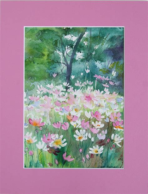 Cosmea Meadow Original Watercolor 9 X 12 Landscape Flowers Painting