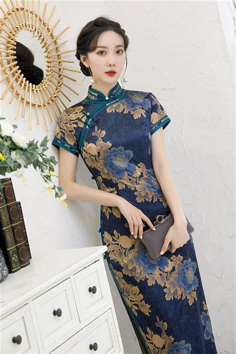 blue qipao dress chinese traditional cheongsam 90s prom etsy