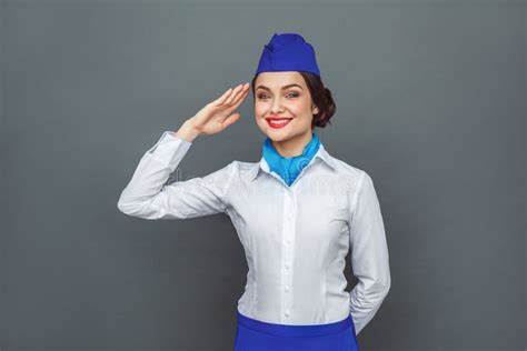 Professional Occupation Stewardess Standing Isolated On Grey Showing