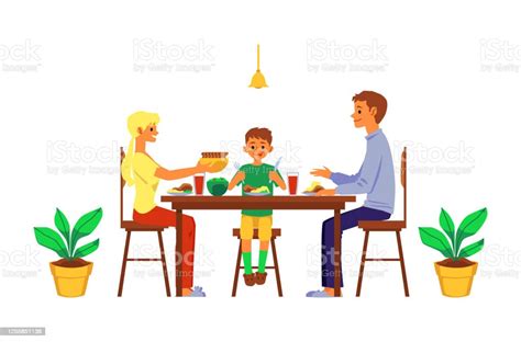 Karakter Kartun Keluarga Makan Bersama Ilustrasi Vektor Datar