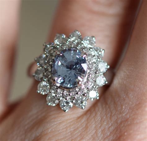 Grey Sapphire Engagement Ring Blue Gray Sapphire 18k White Gold Diamond