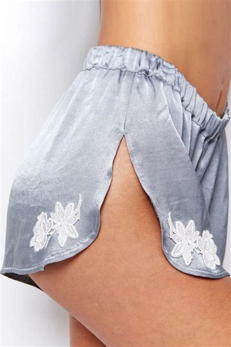 Steel Blue Gray Comfy Silky Cute Bedtime Shorts With White Flower Details On The Sides Com
