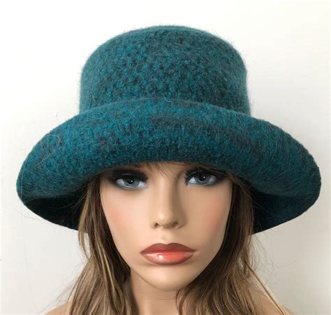 Womens Felt Hat Teal Rolled Brim Hat Handmade Felted Hat Etsy